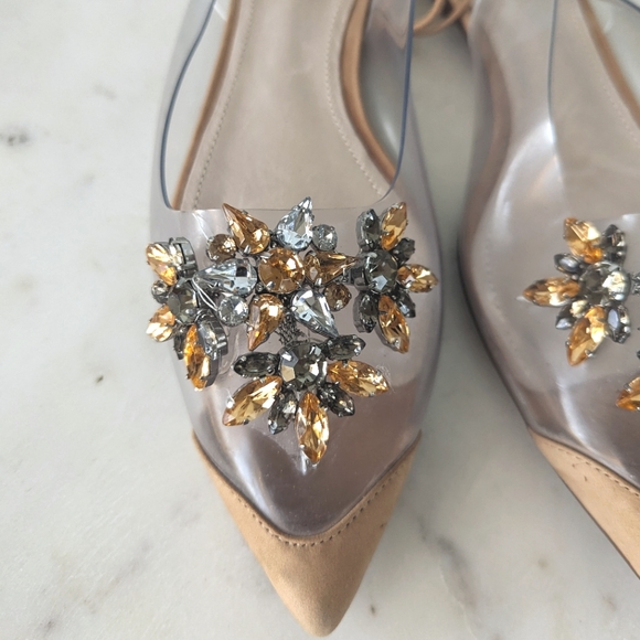 Schutz Clear Vinyl Pointed Toe Rhinestone Ankle Wrap Flats - Picture 7 of 11